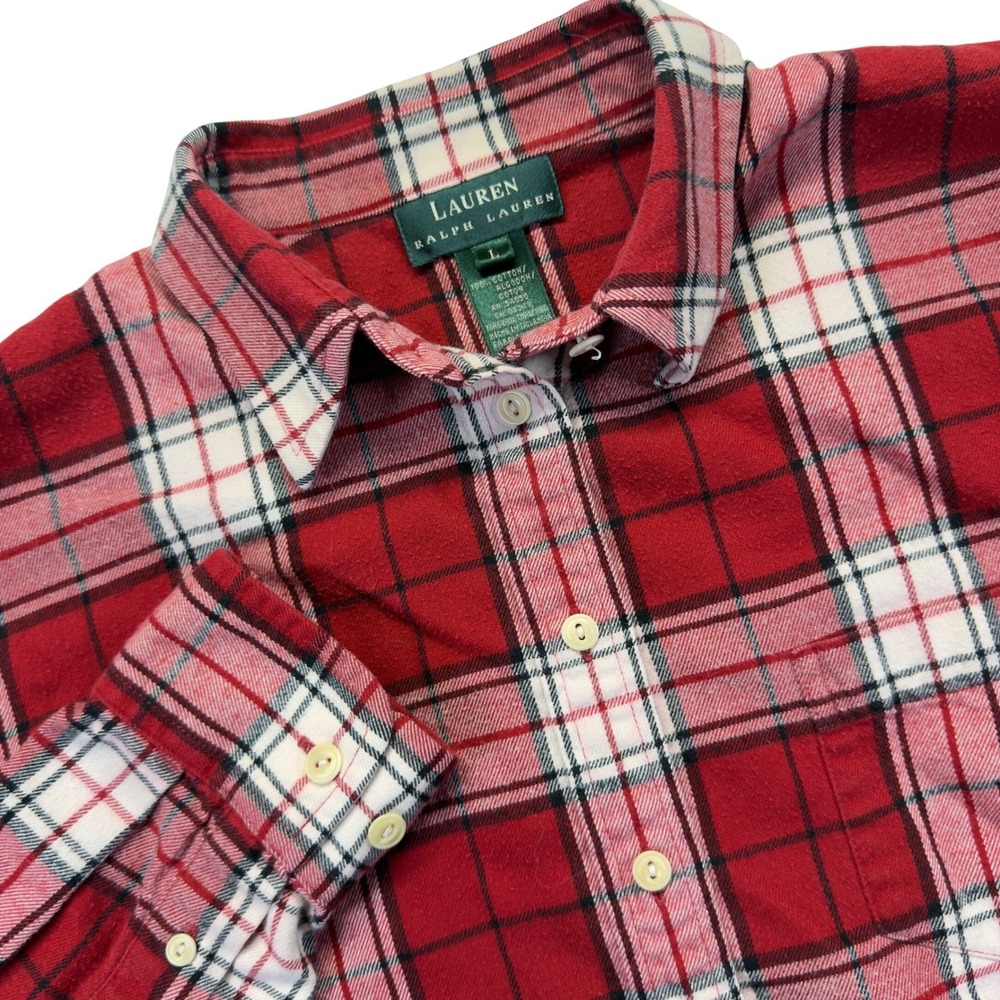 Lauren Ralph Lauren Womens L Flannel Shirt Red Plaid Cotton Button Pockets